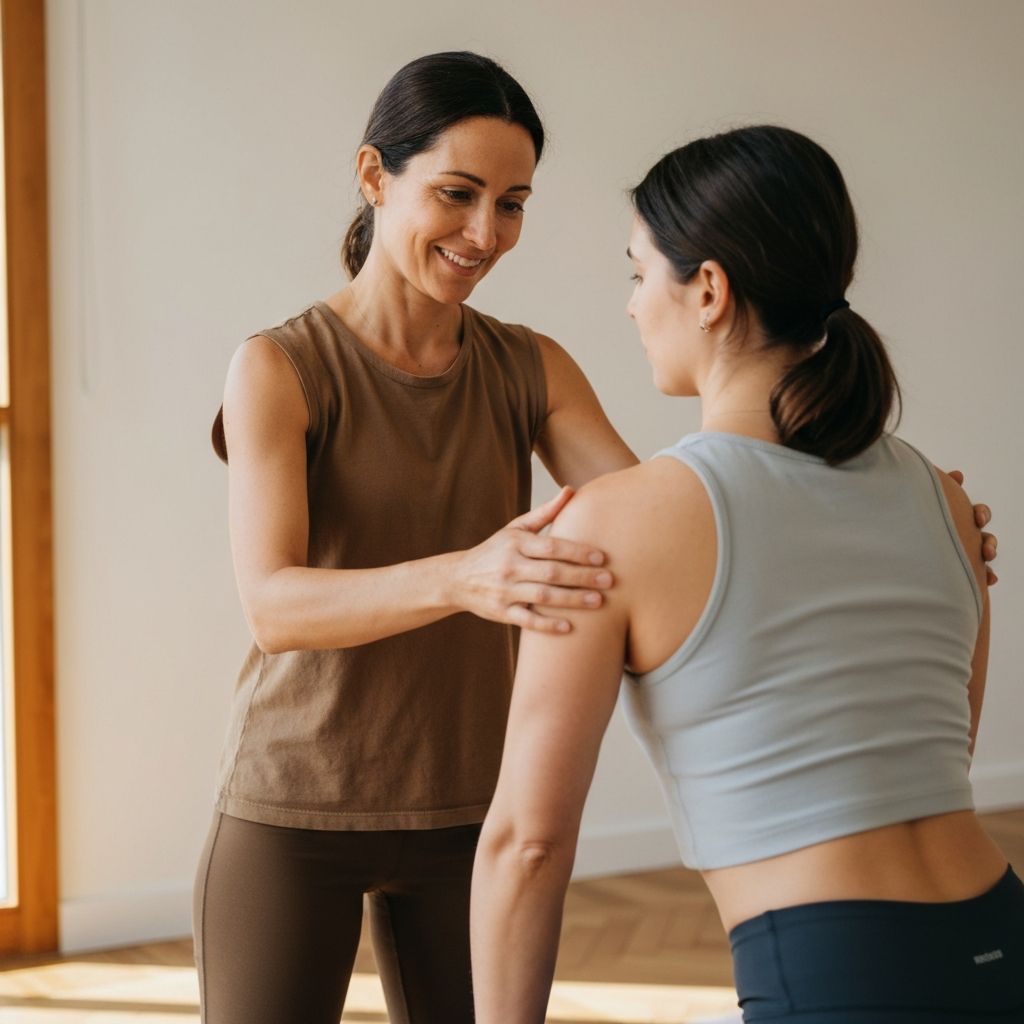 Yoga instructor guiding a student